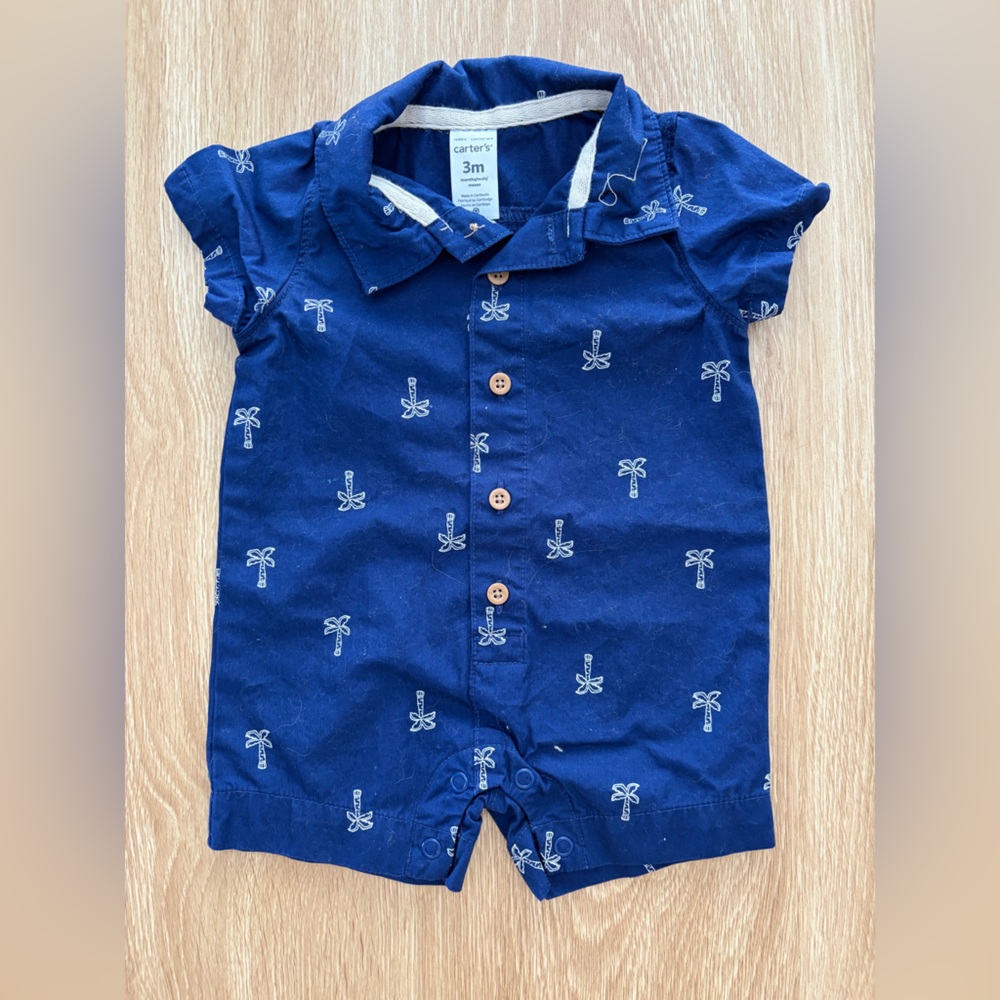 Carter's Navy Blue Palm Tree Button-Front Baby Romper